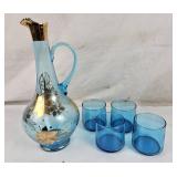 Mid Century Blue Floral Pitcher & Drinking
