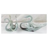 Pair Of Teal Swirl Art Glass Swan Figurines