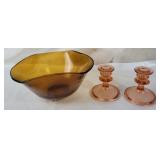 Orange Glass Fruit Bowl & Candle Stick Holders