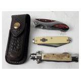 3 Folding Pocket Knives & Leather Holster