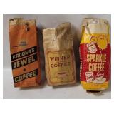 3 Vtg Coffee Bags - Kroger's, Sparkle, Winner