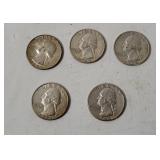 5 Washington Silver Quarters 1964