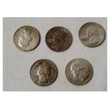 5 Washington Silver Quarters 1964