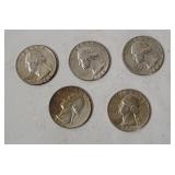 5 Washington Silver Quarters 1964