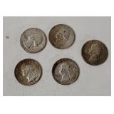 5 Washington Silver Quarters 1960's