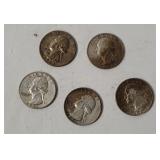5 Washington Silver Quarters 1960's