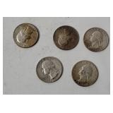 5 Washington Silver Quarters 1960's