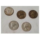 5 Washington Silver Quarters 1964