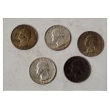 5 Washington Silver Quarters 1964