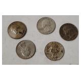 5 Washington Silver Quarters 1964