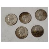 5 Washington Silver Quarters 1964