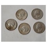 5 Washington Silver Quarters 1964