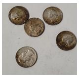 5 Washington Silver Quarters 1964