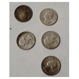 5 Washington Silver Quarters 1964