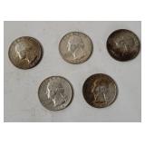 5 Washington Silver Quarters 1964