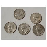 5 Washington Silver Quarters 1964