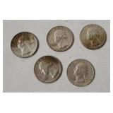 5 Washington Silver Quarters 1964
