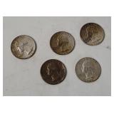 5 Washington Silver Quarters 1964