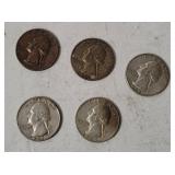 5 Washington Silver Quarters 1960's