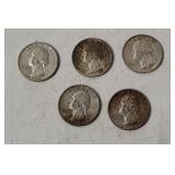 5 Washington Silver Quarters 1960's