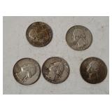 5 Washington Silver Quarters 1960's