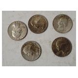5 Washington Silver Quarters 1964