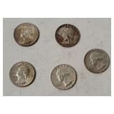 5 Washington Silver Quarters 1964