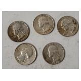 5 Washington Silver Quarters 1964