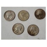 5 Washington Silver Quarters 1964
