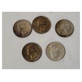 5 Washington Silver Quarters 1964
