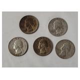 5 Washington Silver Quarters 1960's