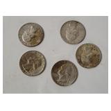 5 Washington Silver Quarters 1964