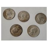 5 Washington Silver Quarters 1964