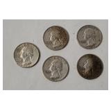 5 Washington Silver Quarters 1960's