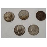 5 Washington Silver Quarters 1960's