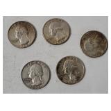 5 Washington Silver Quarters 1960's