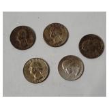 5 Washington Silver Quarters 1964