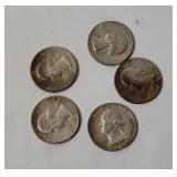 5 Washington Silver Quarters 1964