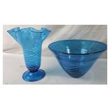 Matching Blue Swirl Glass Vase & Bowl