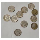 11 Roosevelt Silver Dimes, Various Dates