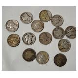 14 Mercury Silver Dimes, Various Dates