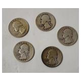 5 Washington Silver Quarters, Various Dates