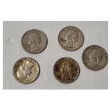 5 Washington Silver Quarters 1960's