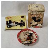 Mickey Mouse Plate, Diecast Car & Popcorn Tin