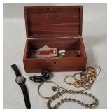 Wood Trinket Box W/ Costume Jewelry