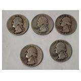 5 Washington Silver Quarters 1941-44
