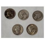 5 Washington Silver Quarters 1935-63