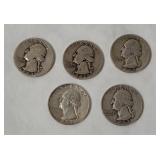 5 Washington Silver Quarters 1942-64