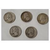 5 Washington Silver Quarters 1935-64