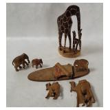 Carved Wood Animals - Giraffe, Elephants, Fish Etc